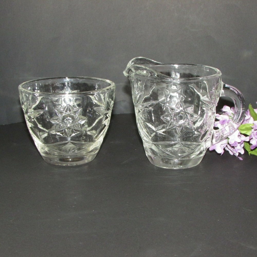 Anchor Hocking Glass Creamer & Sugar Bowl Set Prescut EAPC Star of David Vintage